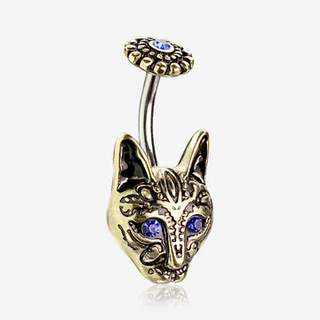Golden Antique Mystic Blue Eyed Tribal Cat Belly Button Ring